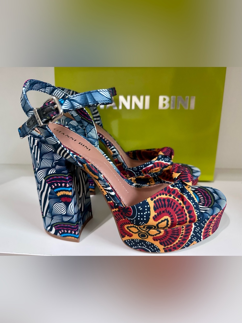 Gianni Bini Navy Pink Orange Patterned Platform Sandals - Picture 2 of 9